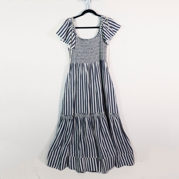 La Ligne Lottie Silk Blend Flutter Sleeve Blue White Stipe Tiered Midi Dress XL - Picture 1 of 4